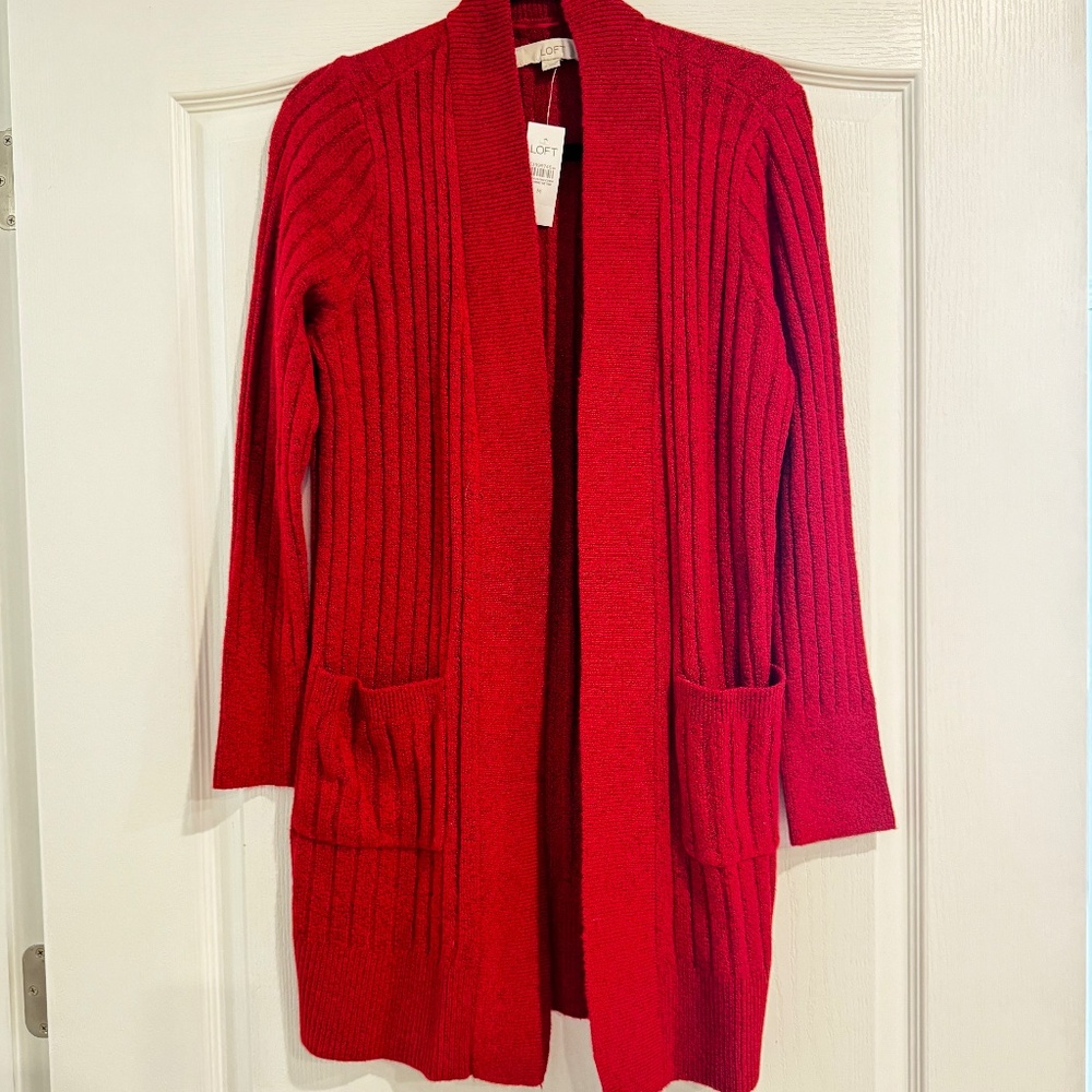 LOFT Red Ribbed Open‑Front Cardigan – Size M – Soft Cotton Blend